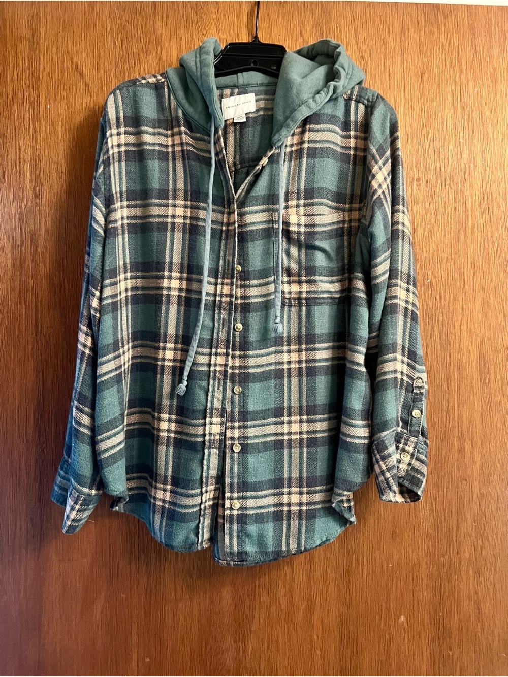 AE Green Plaid Hooded Flannel Shirt